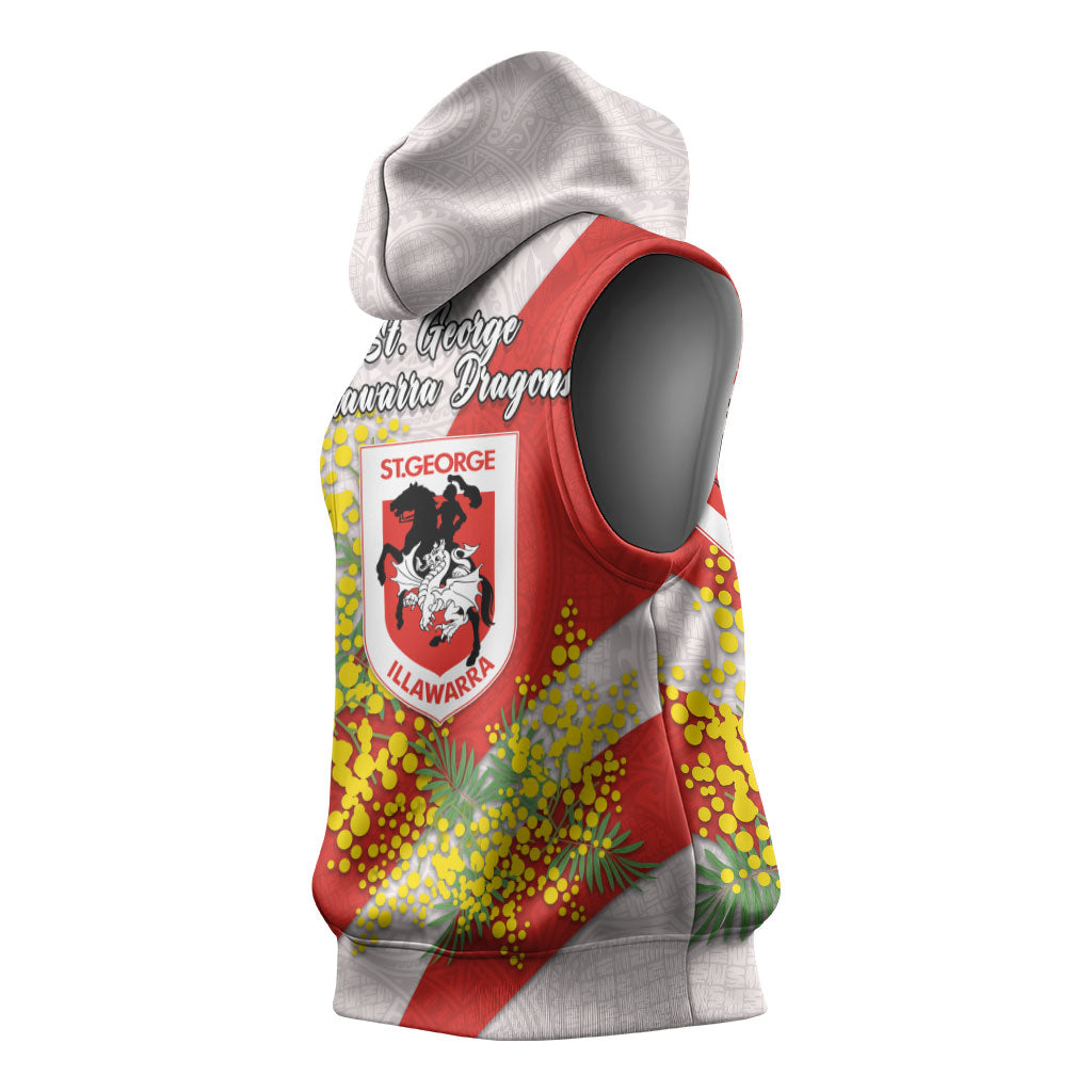 St George Illawarra Dragons Sleeveless Hoodie Golden Wattle Floral Polynesian - Australian Flower - Rugby Mascot