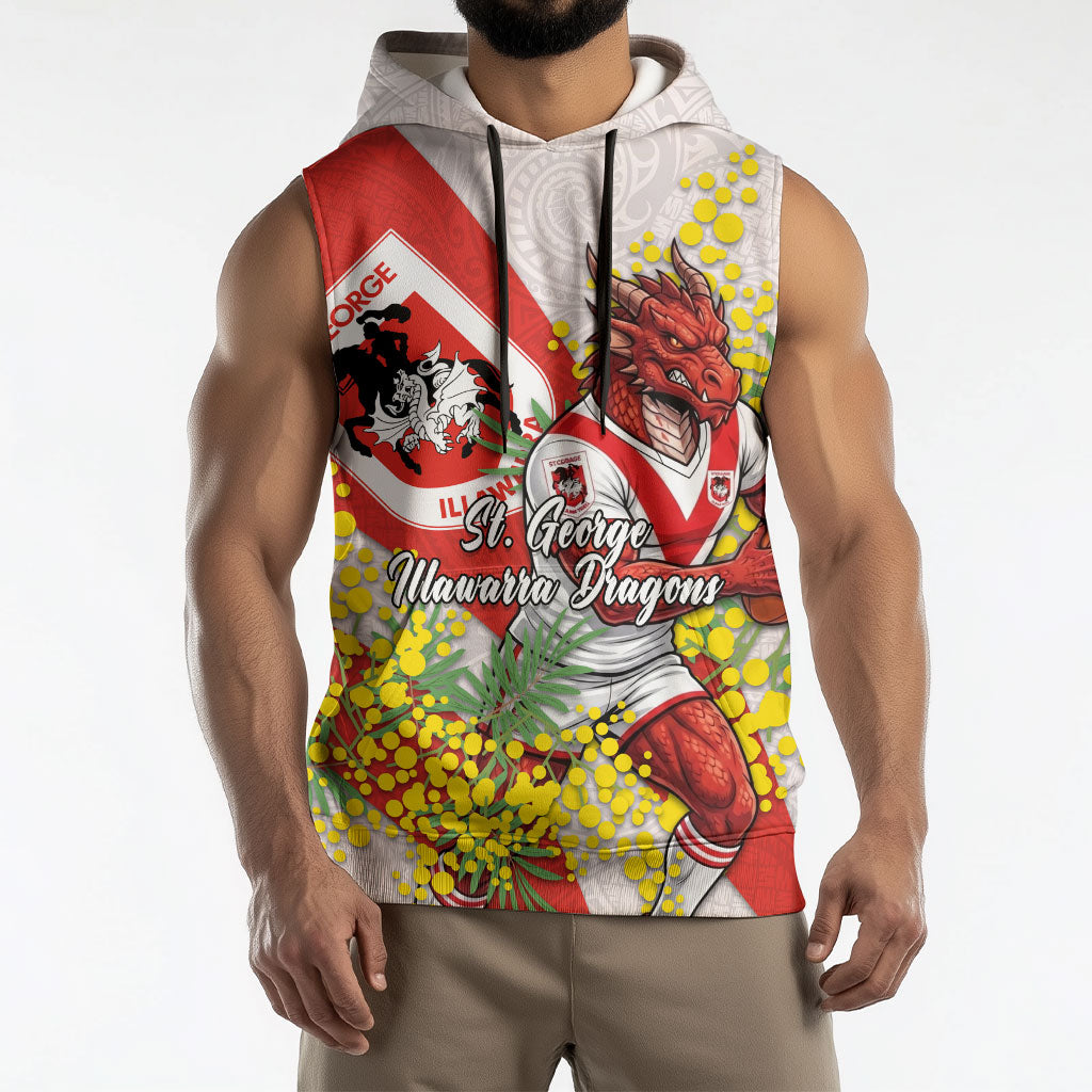 St George Illawarra Dragons Sleeveless Hoodie Golden Wattle Floral Polynesian - Australian Flower - Rugby Mascot