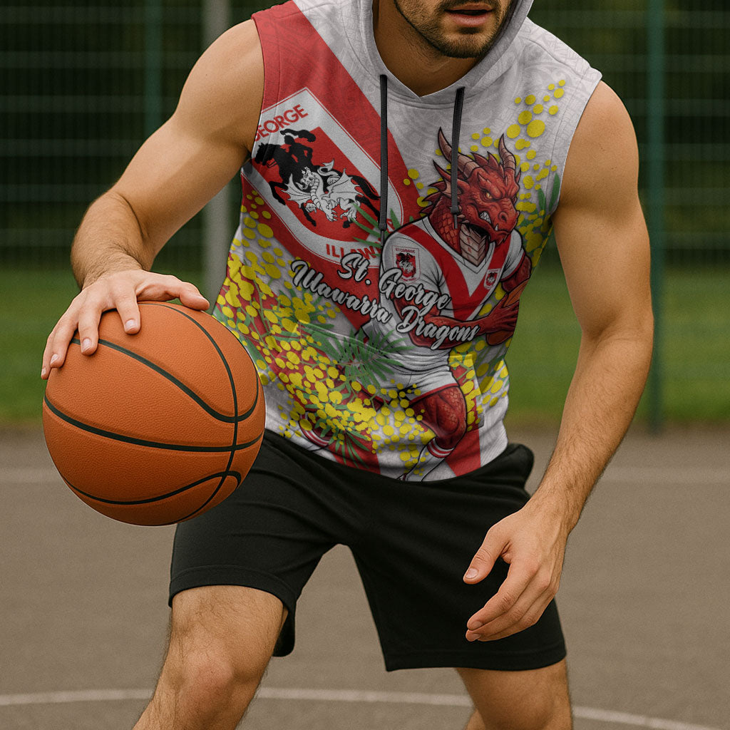 St George Illawarra Dragons Sleeveless Hoodie Golden Wattle Floral Polynesian - Australian Flower - Rugby Mascot