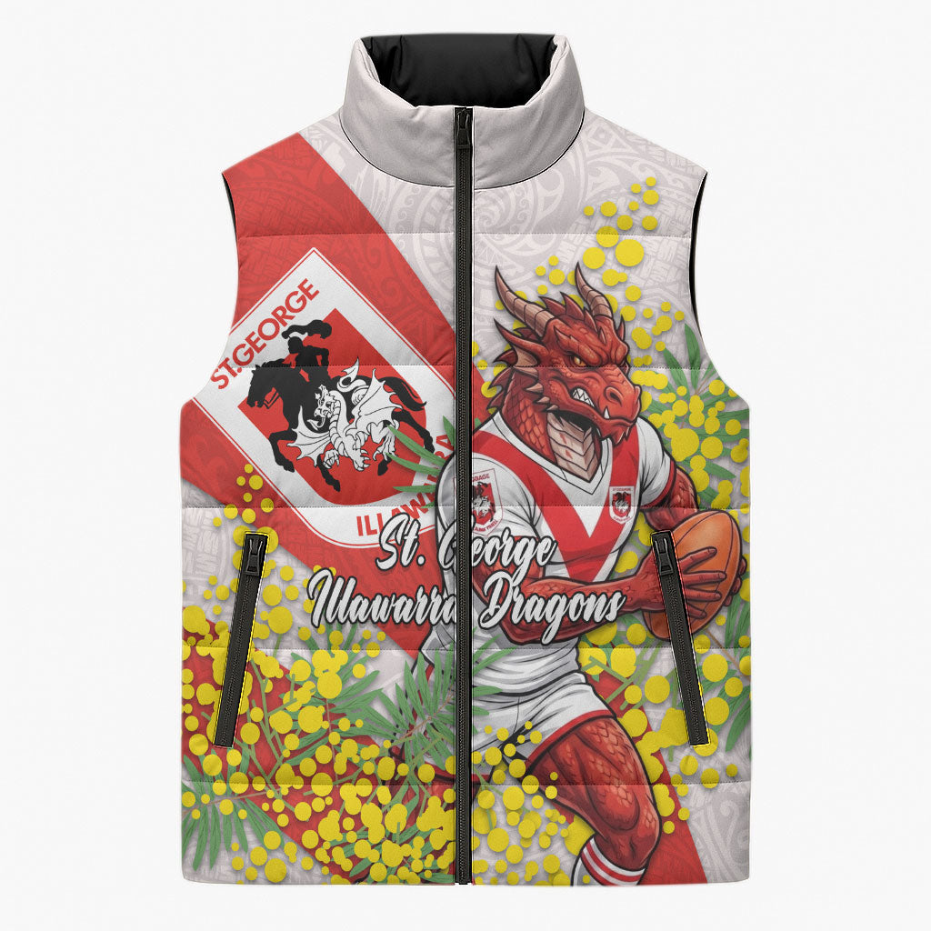 St George Illawarra Dragons Sleeveless Puffer Jacket Golden Wattle Floral Polynesian - Australian Flower - Rugby Mascot