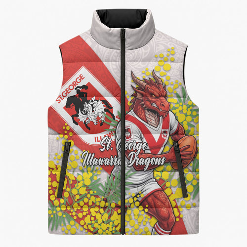St George Illawarra Dragons Sleeveless Puffer Jacket Golden Wattle Floral Polynesian - Australian Flower - Rugby Mascot