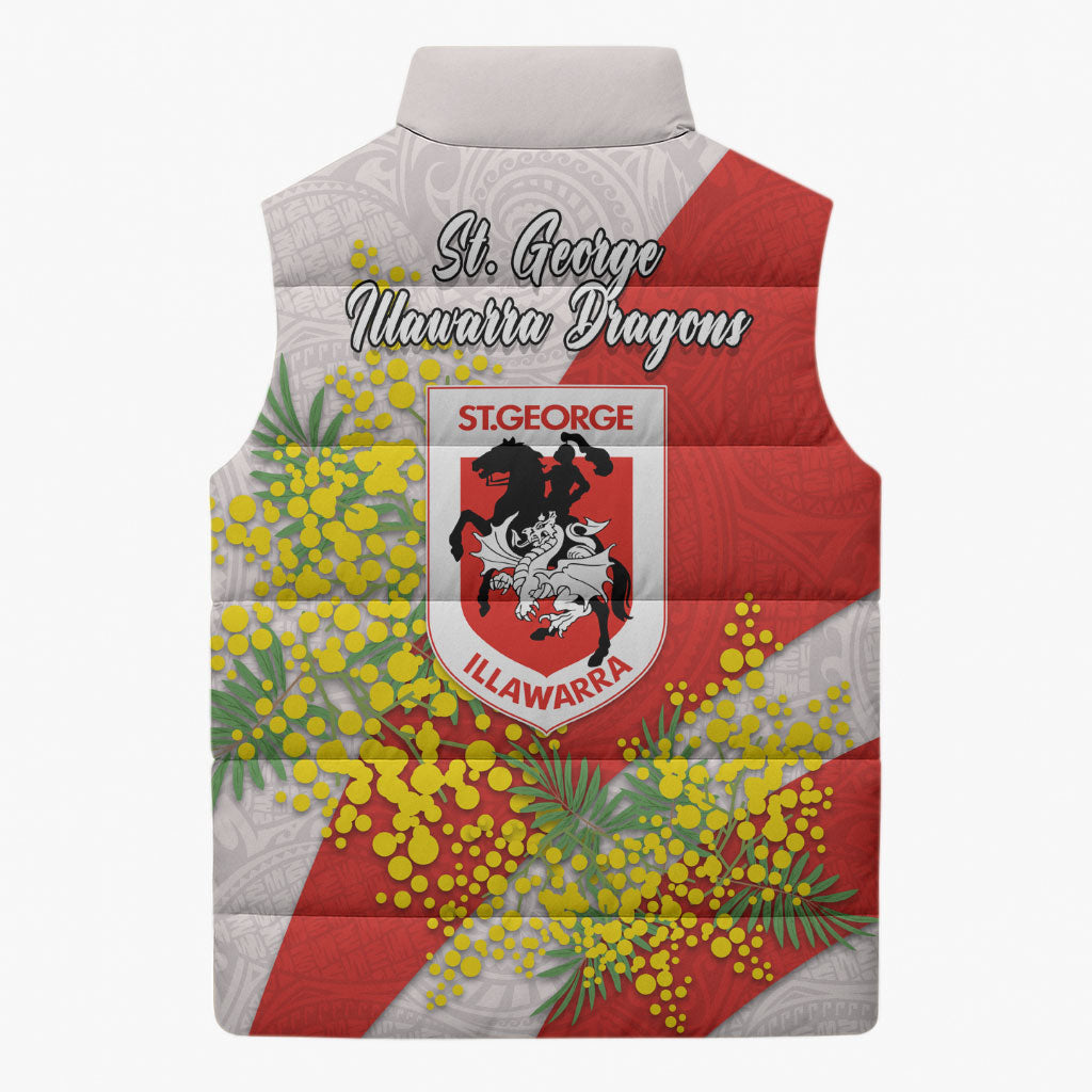 St George Illawarra Dragons Sleeveless Puffer Jacket Golden Wattle Floral Polynesian - Australian Flower - Rugby Mascot