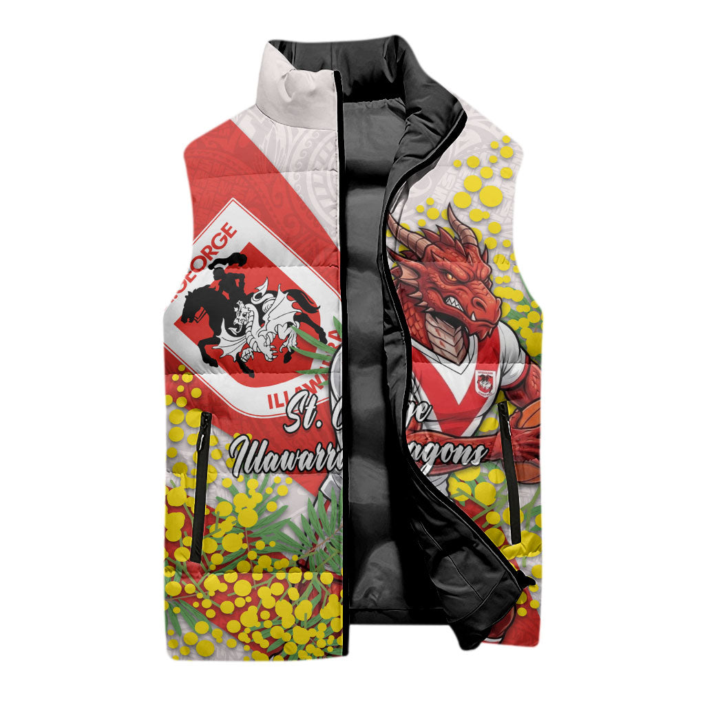 St George Illawarra Dragons Sleeveless Puffer Jacket Golden Wattle Floral Polynesian - Australian Flower - Rugby Mascot