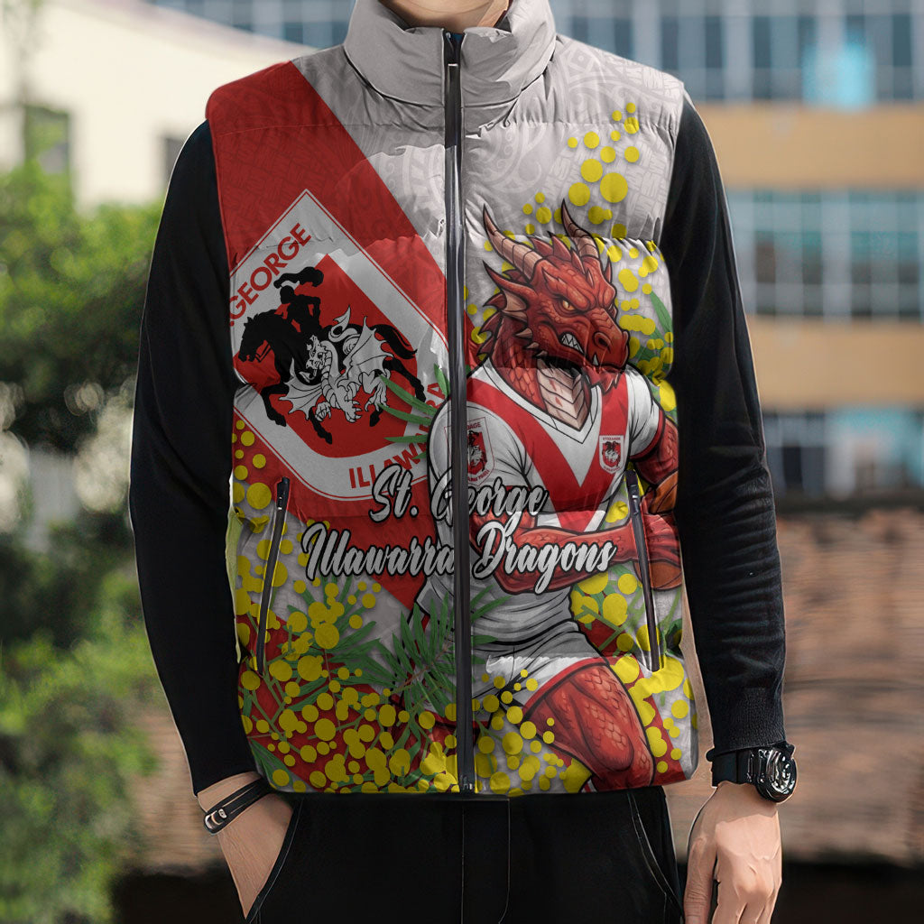 St George Illawarra Dragons Sleeveless Puffer Jacket Golden Wattle Floral Polynesian - Australian Flower - Rugby Mascot