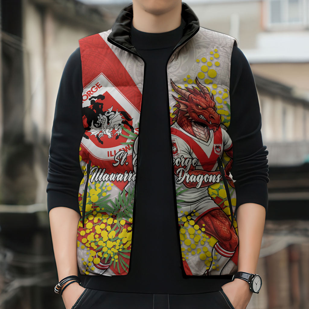 St George Illawarra Dragons Sleeveless Puffer Jacket Golden Wattle Floral Polynesian - Australian Flower - Rugby Mascot
