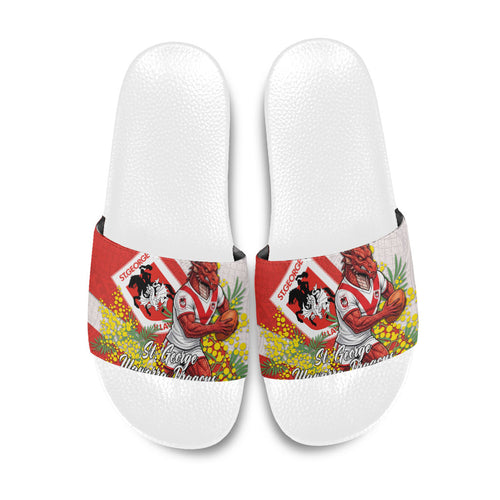St George Illawarra Dragons Slide Sandals Golden Wattle Floral Polynesian - Australian Flower - Rugby Mascot