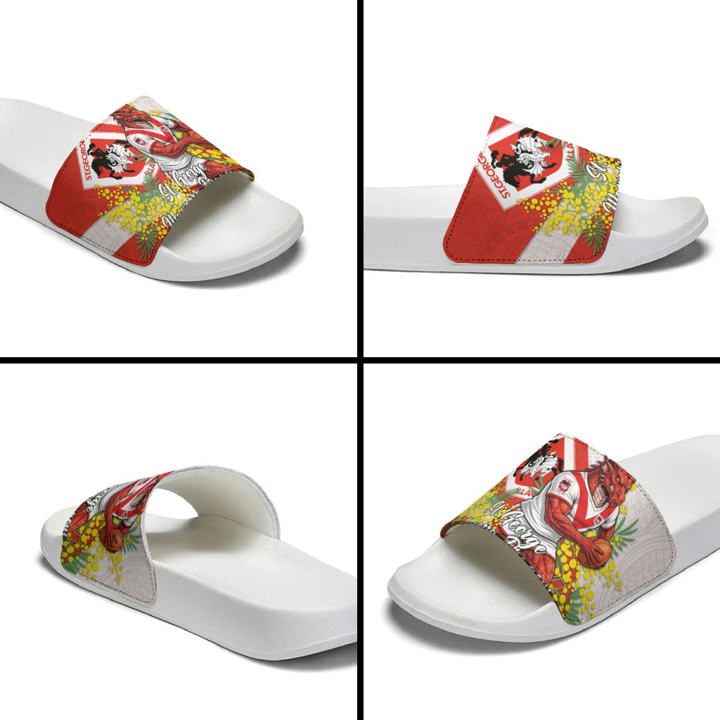 St George Illawarra Dragons Slide Sandals Golden Wattle Floral Polynesian - Australian Flower - Rugby Mascot