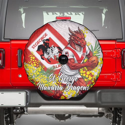St George Illawarra Dragons Spare Tire Cover Golden Wattle Floral Polynesian - Australian Flower - Rugby Mascot