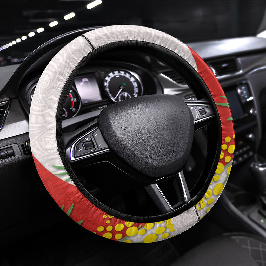St George Illawarra Dragons Steering Wheel Cover Golden Wattle Floral Polynesian - Australian Flower - Rugby Mascot