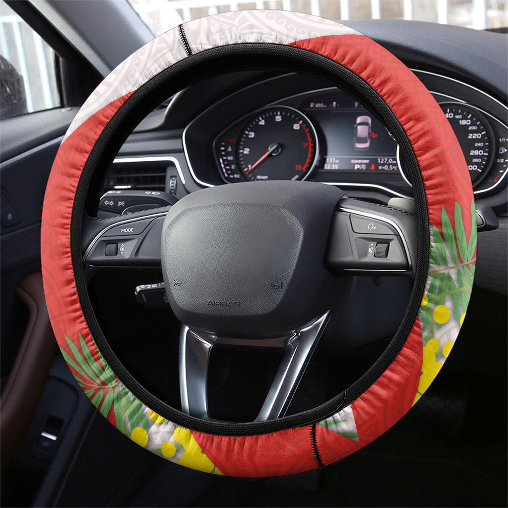 St George Illawarra Dragons Steering Wheel Cover Golden Wattle Floral Polynesian - Australian Flower - Rugby Mascot