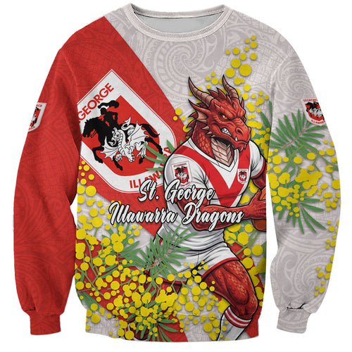 St George Illawarra Dragons Sweatshirt Golden Wattle Floral Polynesian - Australian Flower - Rugby Mascot