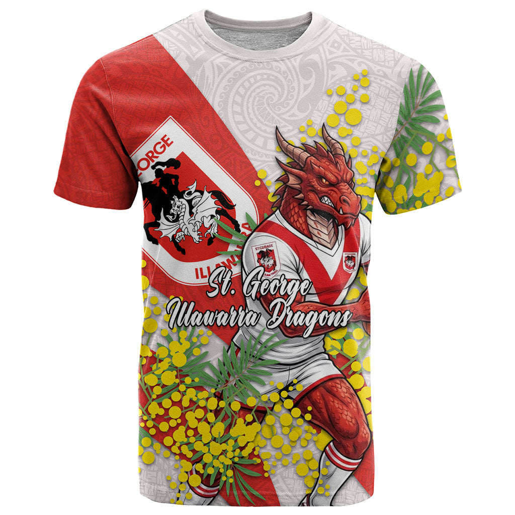 St George Illawarra Dragons T Shirt Golden Wattle Floral Polynesian - Australian Flower - Rugby Mascot