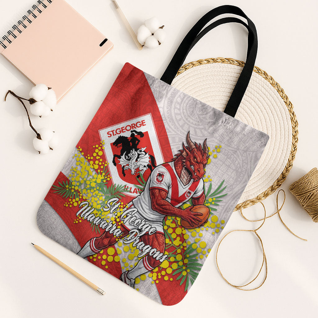 St George Illawarra Dragons Tote Bag Golden Wattle Floral Polynesian - Australian Flower - Rugby Mascot