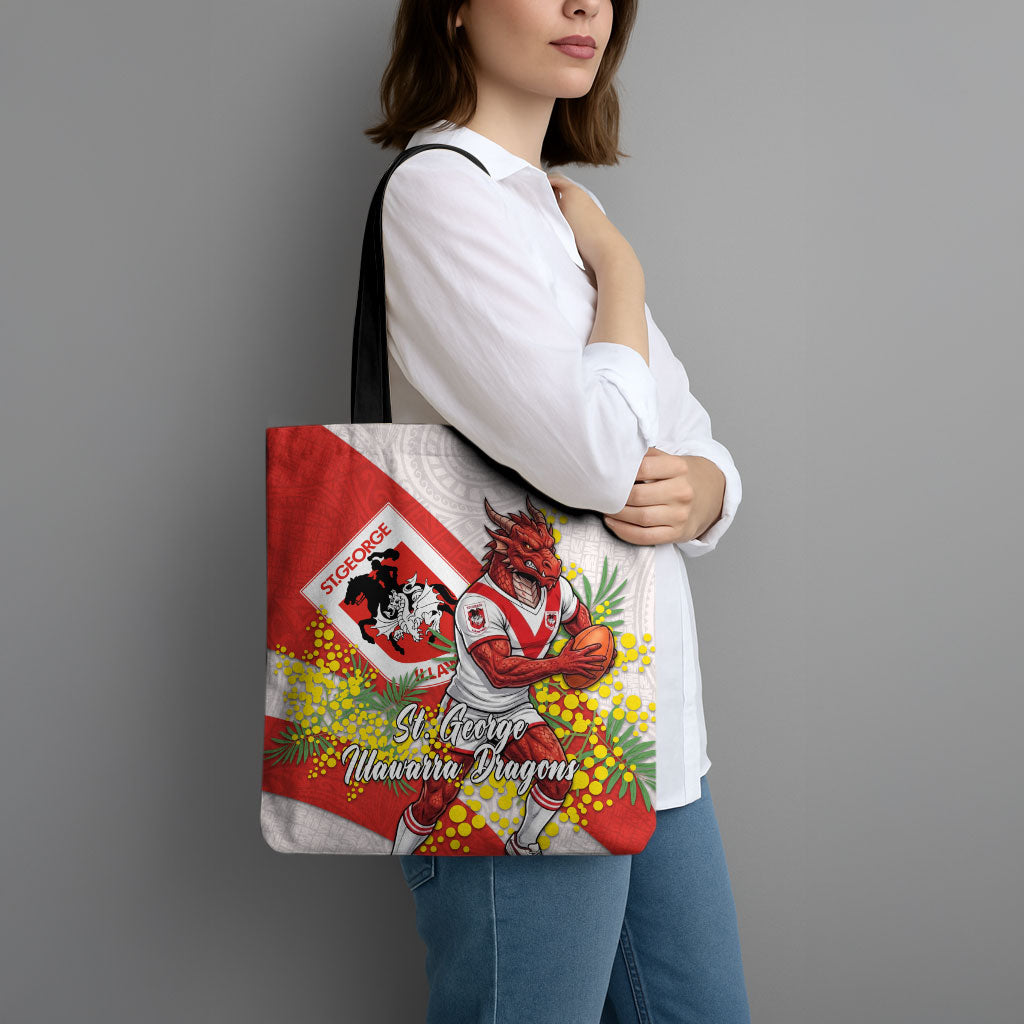 St George Illawarra Dragons Tote Bag Golden Wattle Floral Polynesian - Australian Flower - Rugby Mascot