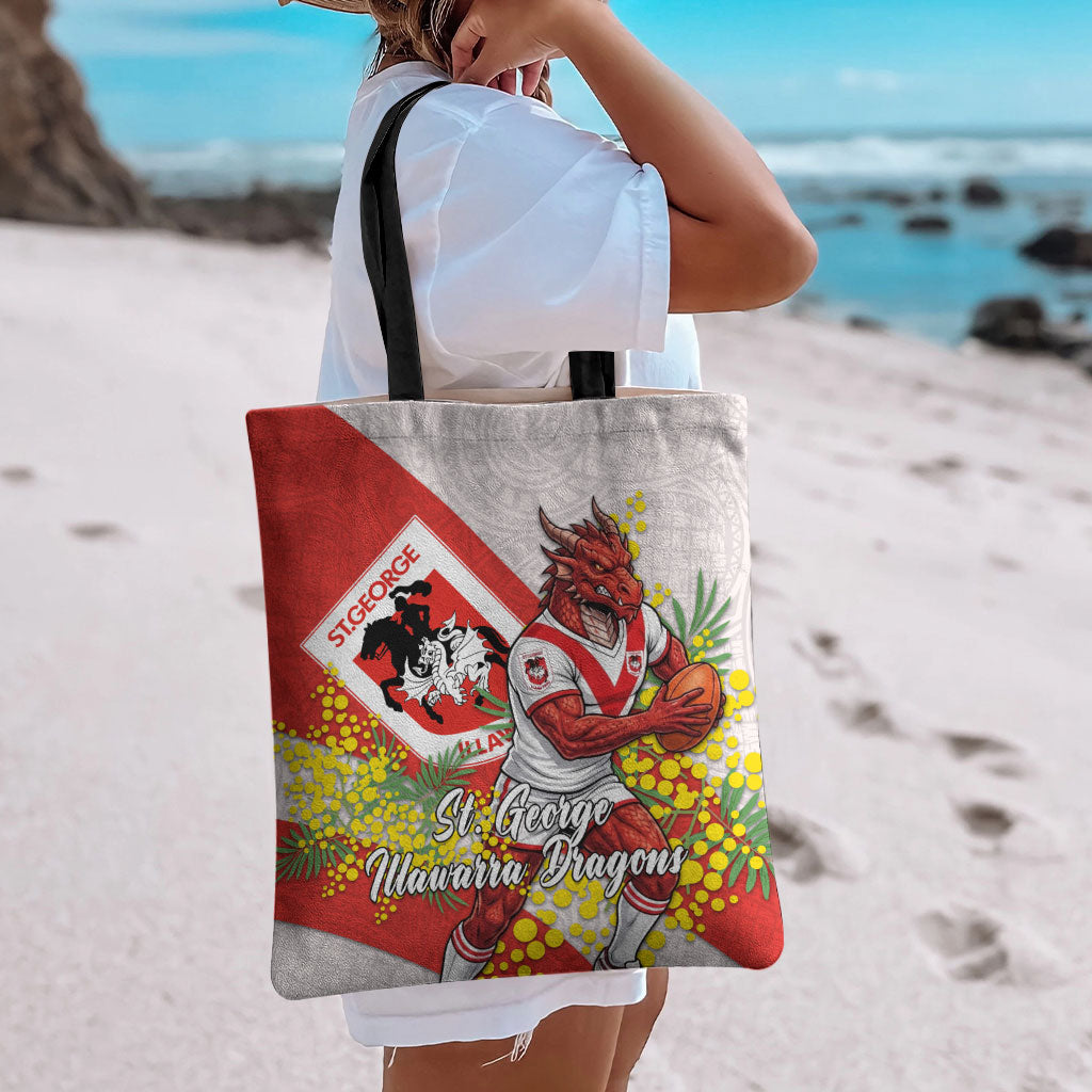 St George Illawarra Dragons Tote Bag Golden Wattle Floral Polynesian - Australian Flower - Rugby Mascot