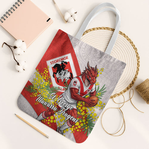 St George Illawarra Dragons Tote Bag Golden Wattle Floral Polynesian - Australian Flower - Rugby Mascot