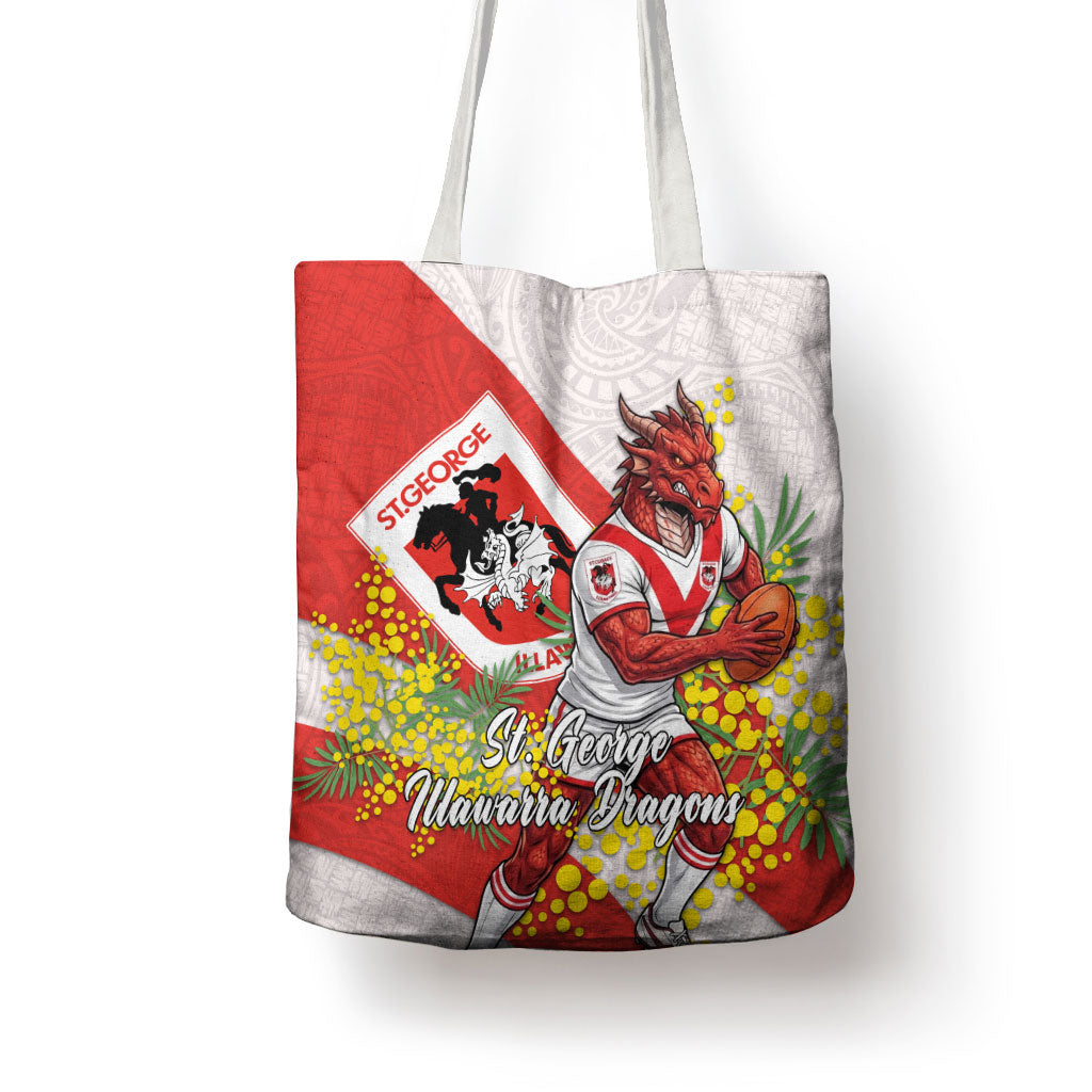 St George Illawarra Dragons Tote Bag Golden Wattle Floral Polynesian - Australian Flower - Rugby Mascot