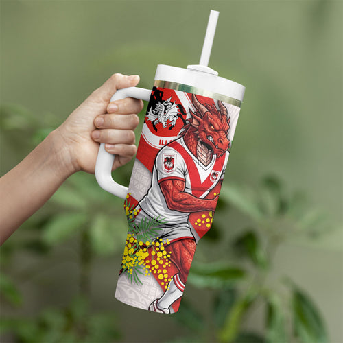 St George Illawarra Dragons Tumbler With Handle Golden Wattle Floral Polynesian - Australian Flower - Rugby Mascot