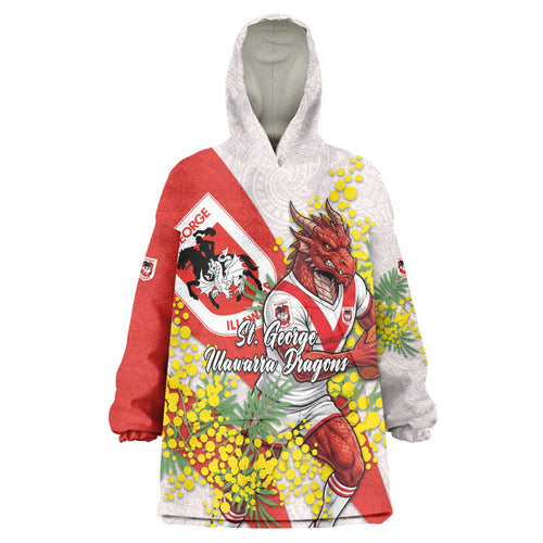 St George Illawarra Dragons Wearable Blanket Hoodie Golden Wattle Floral Polynesian - Australian Flower - Rugby Mascot