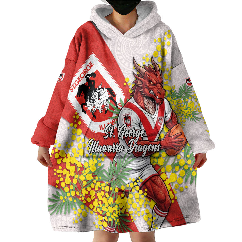 St George Illawarra Dragons Wearable Blanket Hoodie Golden Wattle Floral Polynesian - Australian Flower - Rugby Mascot