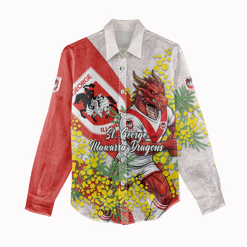 St George Illawarra Dragons Women Casual Shirt Golden Wattle Floral Polynesian - Australian Flower - Rugby Mascot