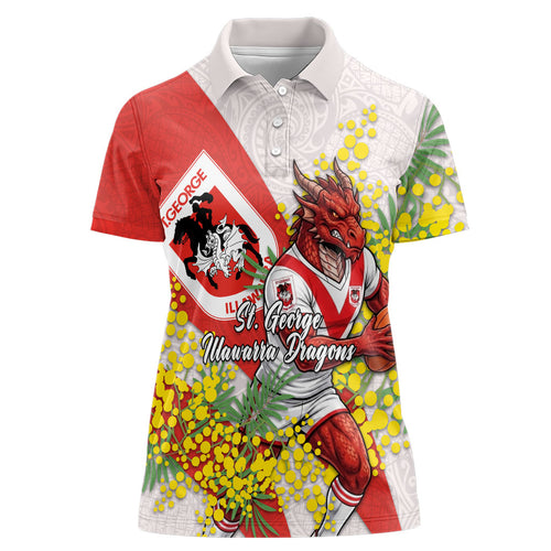 St George Illawarra Dragons Women Polo Shirt Golden Wattle Floral Polynesian - Australian Flower - Rugby Mascot
