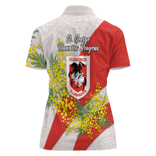 St George Illawarra Dragons Women Polo Shirt Golden Wattle Floral Polynesian - Australian Flower - Rugby Mascot