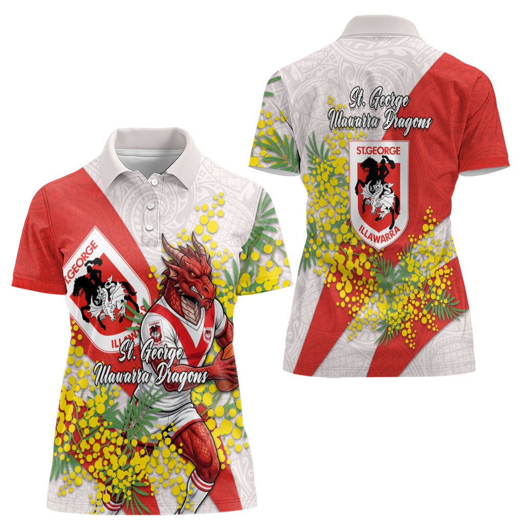 St George Illawarra Dragons Women Polo Shirt Golden Wattle Floral Polynesian - Australian Flower - Rugby Mascot