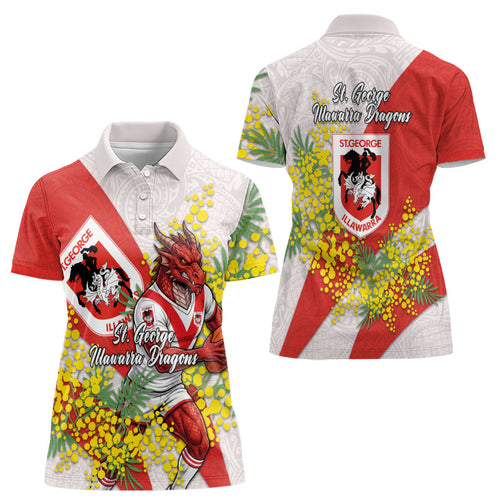 St George Illawarra Dragons Women Polo Shirt Golden Wattle Floral Polynesian - Australian Flower - Rugby Mascot