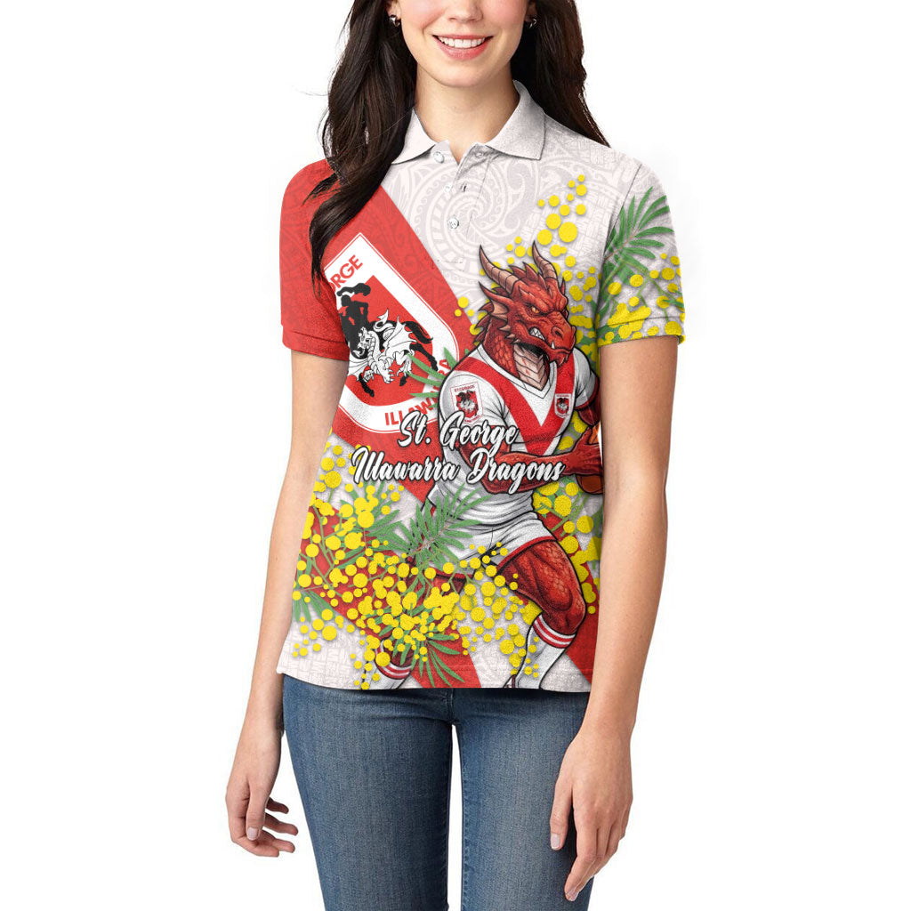 St George Illawarra Dragons Women Polo Shirt Golden Wattle Floral Polynesian - Australian Flower - Rugby Mascot