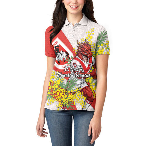 St George Illawarra Dragons Women Polo Shirt Golden Wattle Floral Polynesian - Australian Flower - Rugby Mascot