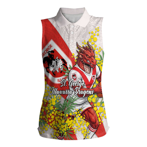 St George Illawarra Dragons Women Sleeveless Polo Shirt Golden Wattle Floral Polynesian - Australian Flower - Rugby Mascot