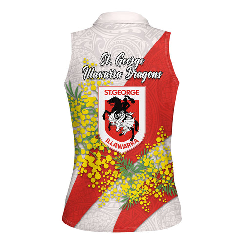 St George Illawarra Dragons Women Sleeveless Polo Shirt Golden Wattle Floral Polynesian - Australian Flower - Rugby Mascot