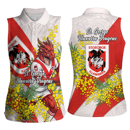 St George Illawarra Dragons Women Sleeveless Polo Shirt Golden Wattle Floral Polynesian - Australian Flower - Rugby Mascot