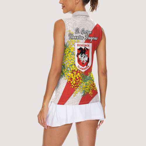 St George Illawarra Dragons Women Sleeveless Polo Shirt Golden Wattle Floral Polynesian - Australian Flower - Rugby Mascot