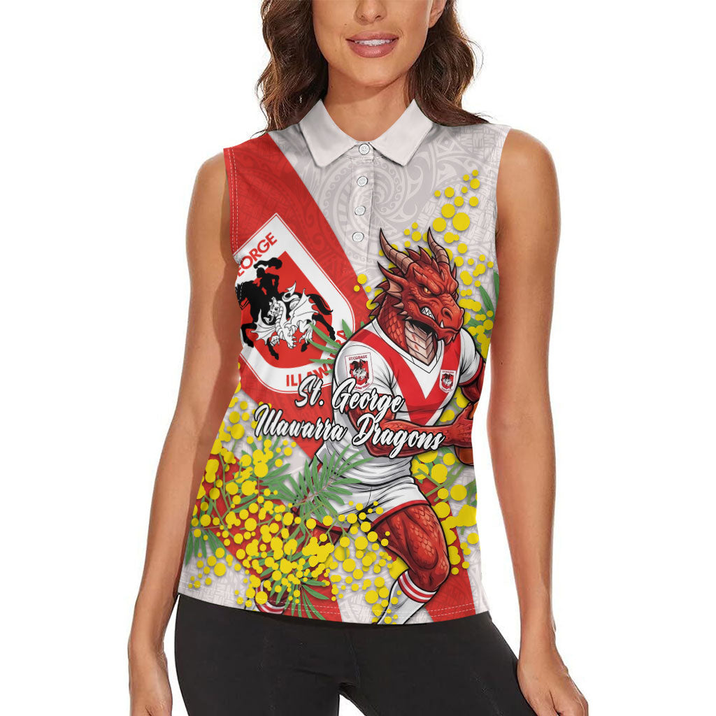 St George Illawarra Dragons Women Sleeveless Polo Shirt Golden Wattle Floral Polynesian - Australian Flower - Rugby Mascot