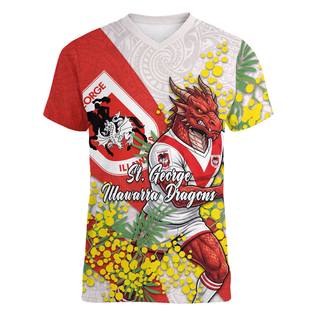 St George Illawarra Dragons Women V-Neck T-Shirt Golden Wattle Floral Polynesian - Australian Flower - Rugby Mascot