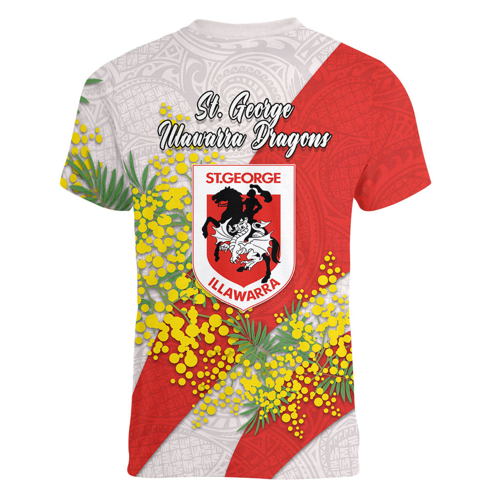St George Illawarra Dragons Women V-Neck T-Shirt Golden Wattle Floral Polynesian - Australian Flower - Rugby Mascot