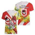 St George Illawarra Dragons Women V-Neck T-Shirt Golden Wattle Floral Polynesian - Australian Flower - Rugby Mascot