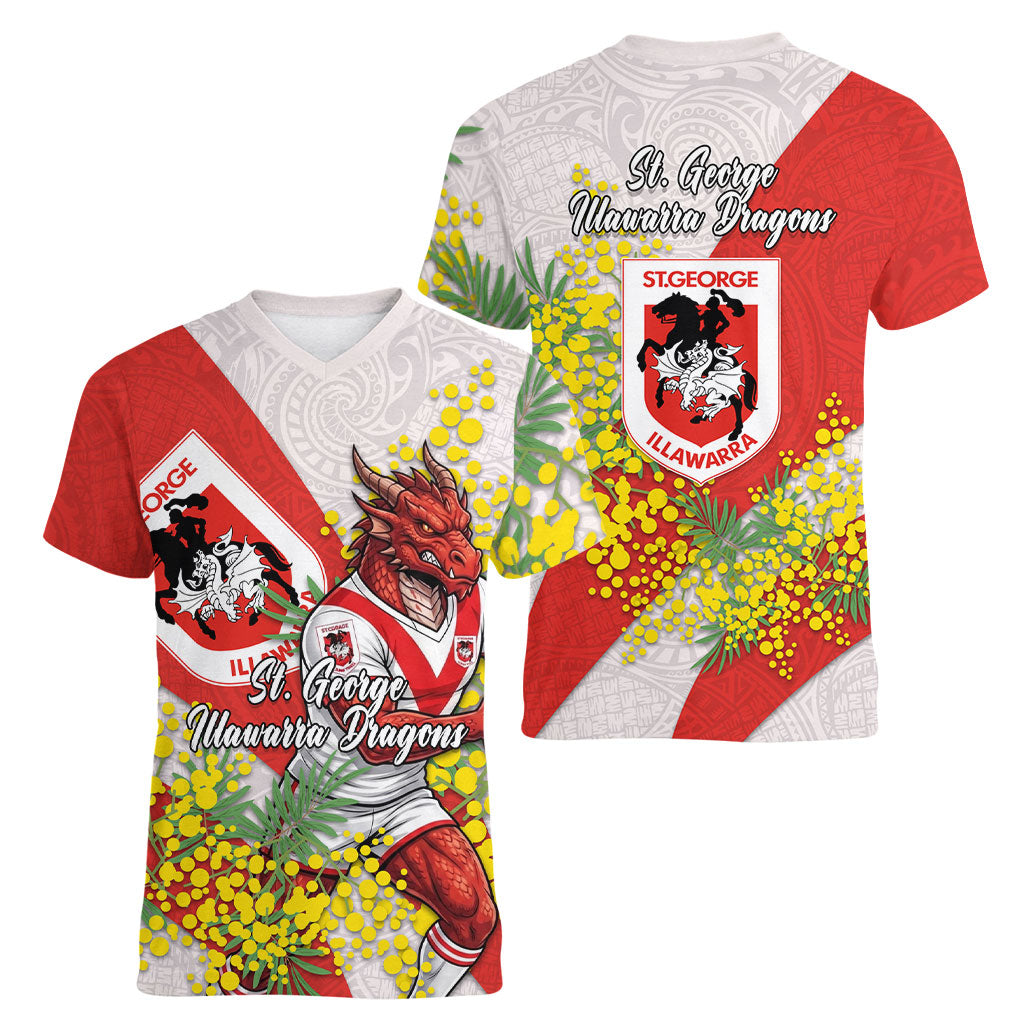 St George Illawarra Dragons Women V-Neck T-Shirt Golden Wattle Floral Polynesian - Australian Flower - Rugby Mascot