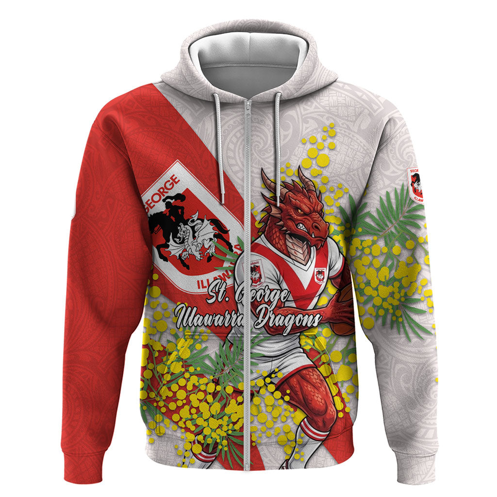 St George Illawarra Dragons Zip Hoodie Golden Wattle Floral Polynesian - Australian Flower - Rugby Mascot