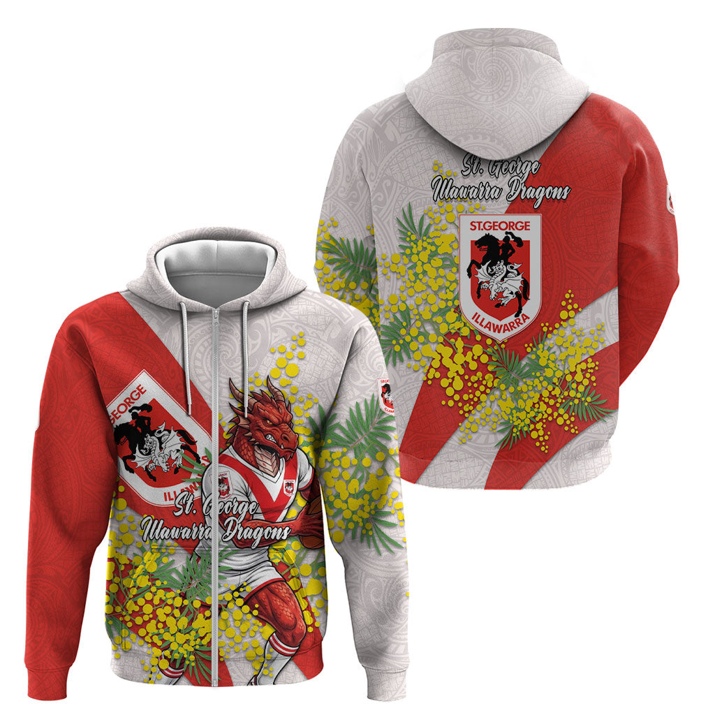 St George Illawarra Dragons Zip Hoodie Golden Wattle Floral Polynesian - Australian Flower - Rugby Mascot
