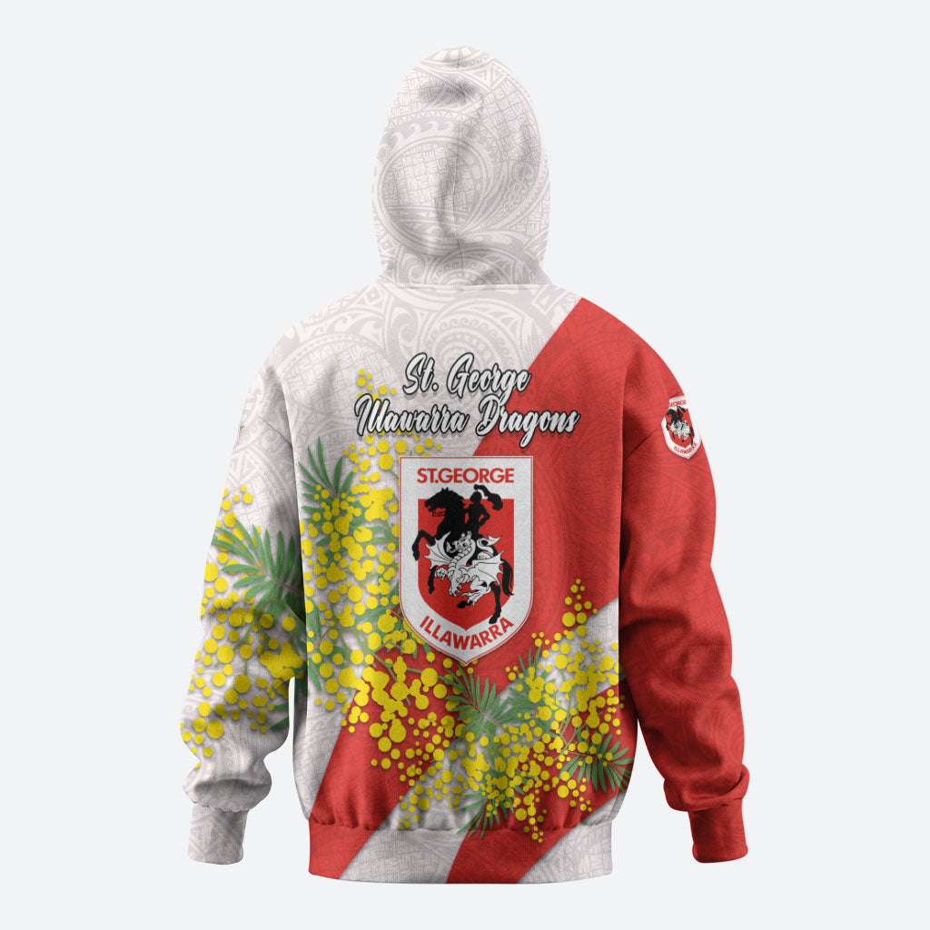St George Illawarra Dragons Zip Hoodie Golden Wattle Floral Polynesian - Australian Flower - Rugby Mascot