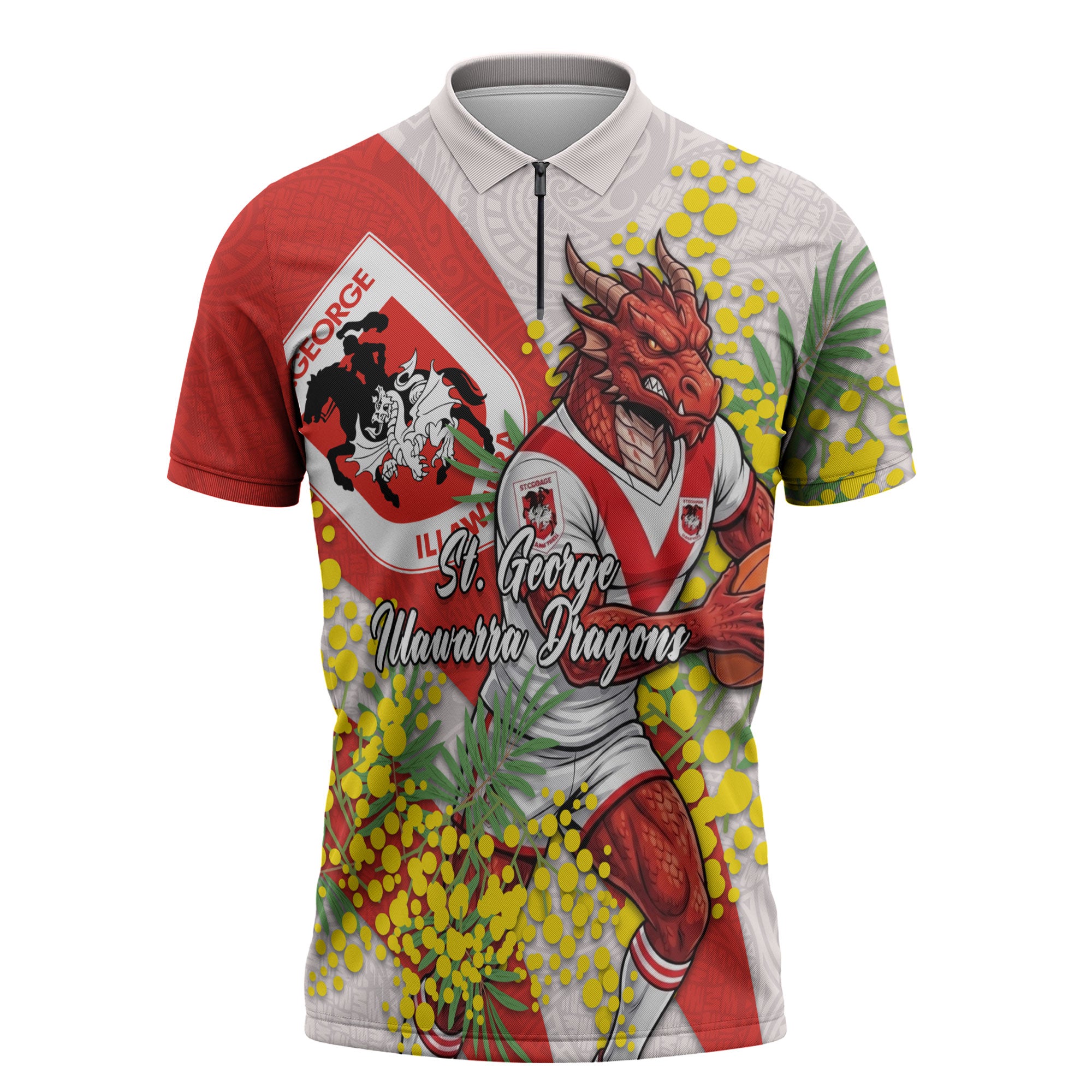 St George Illawarra Dragons Zipper Polo Shirt Golden Wattle Floral Polynesian - Australian Flower - Rugby Mascot