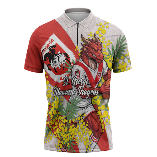 St George Illawarra Dragons Zipper Polo Shirt Golden Wattle Floral Polynesian - Australian Flower - Rugby Mascot