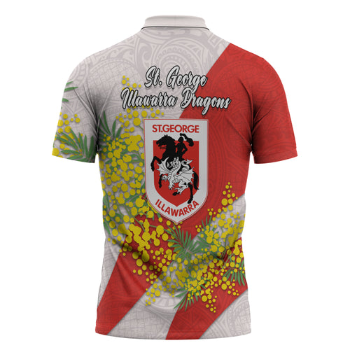 St George Illawarra Dragons Zipper Polo Shirt Golden Wattle Floral Polynesian - Australian Flower - Rugby Mascot