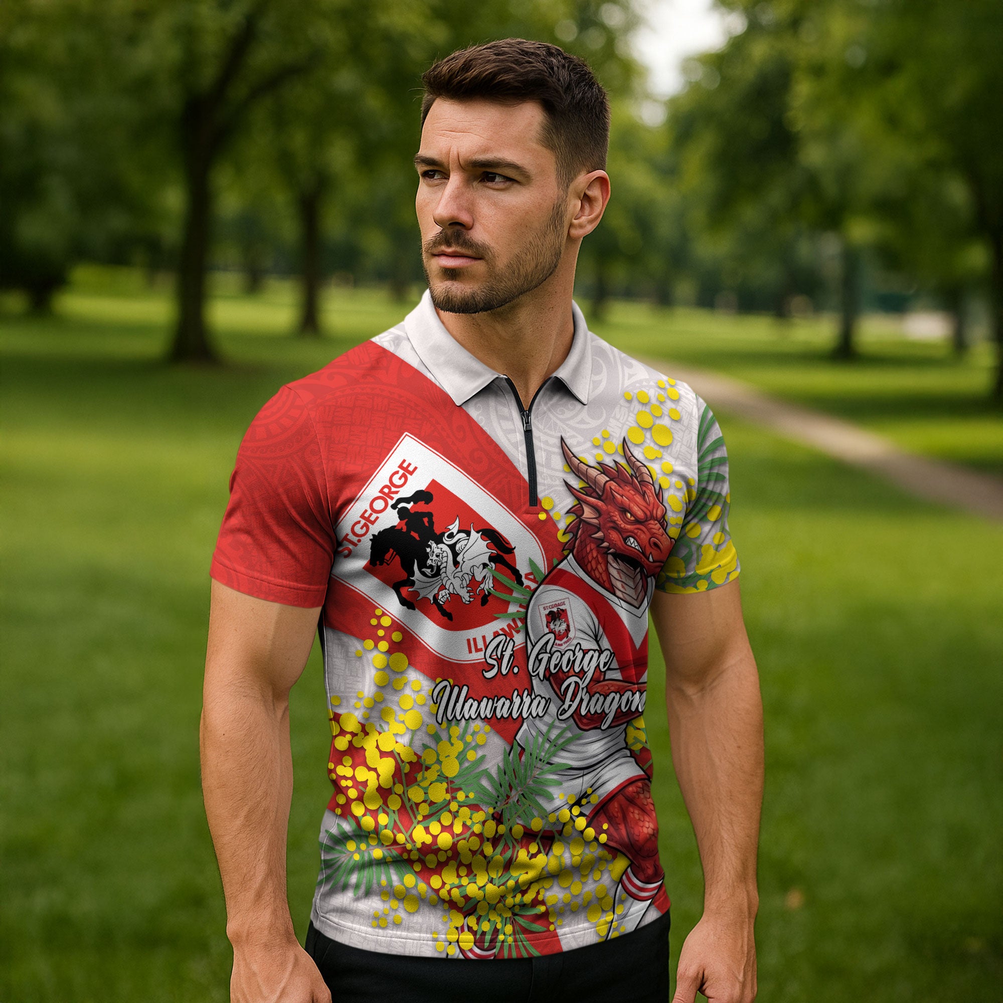 St George Illawarra Dragons Zipper Polo Shirt Golden Wattle Floral Polynesian - Australian Flower - Rugby Mascot