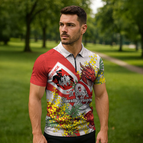 St George Illawarra Dragons Zipper Polo Shirt Golden Wattle Floral Polynesian - Australian Flower - Rugby Mascot