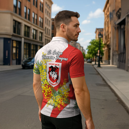 St George Illawarra Dragons Zipper Polo Shirt Golden Wattle Floral Polynesian - Australian Flower - Rugby Mascot
