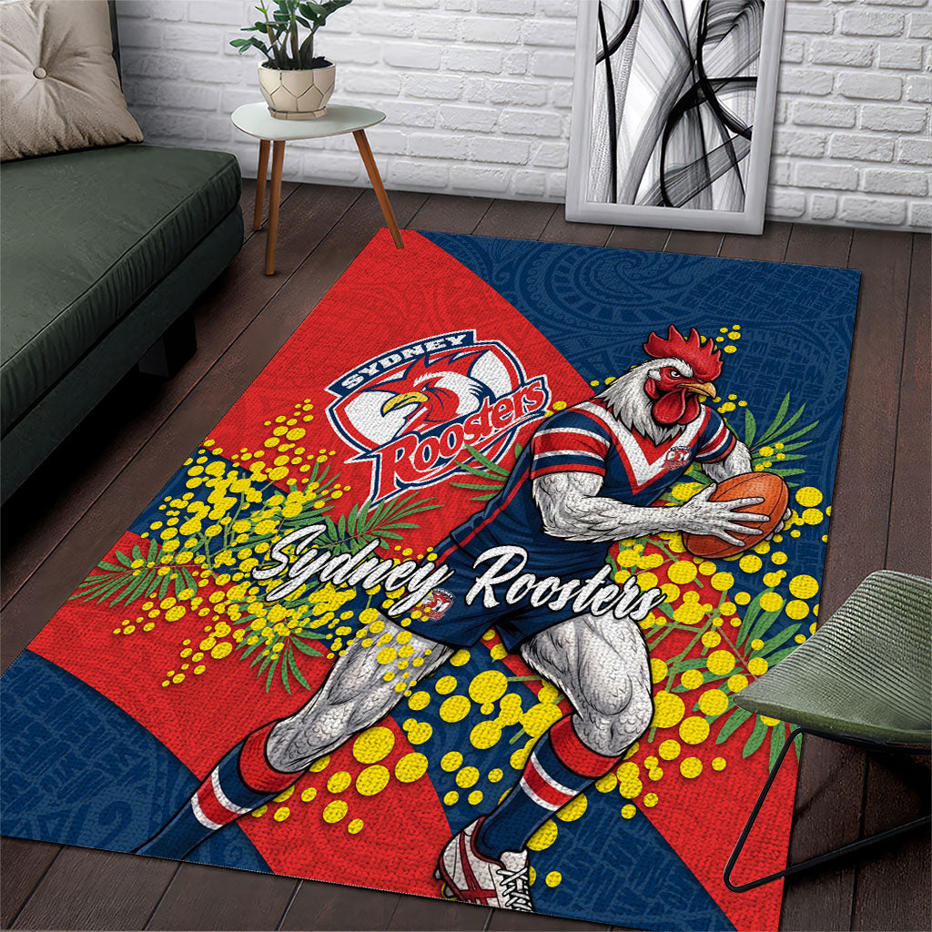 Sydney Roosters Area Rug Golden Wattle Floral Polynesian - Australian Flower - Rugby Mascot